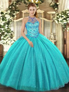 Flare Aqua Blue Halter Top Lace Up Beading and Embroidery Quince Ball Gowns Sleeveless