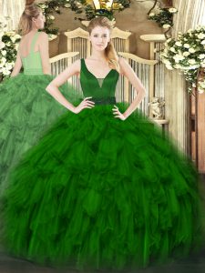 Fancy Sleeveless Floor Length Beading and Ruffles Zipper Quinceanera Gown with Dark Green