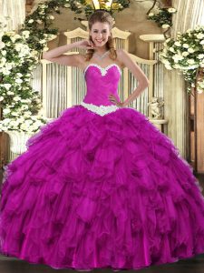 Free and Easy Organza Sweetheart Sleeveless Lace Up Appliques and Ruffles 15th Birthday Dress in Fuchsia