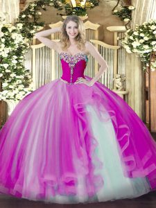 Sleeveless Tulle Floor Length Lace Up Quinceanera Gowns in Fuchsia with Beading and Ruffles