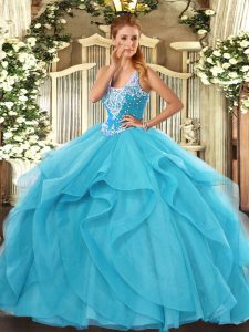 Aqua Blue 15 Quinceanera Dress Military Ball and Sweet 16 and Quinceanera with Beading and Ruffles Straps Sleeveless Lace Up