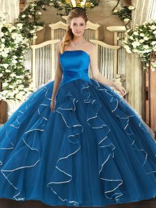 Exceptional Blue Lace Up Strapless Ruffles Sweet 16 Quinceanera Dress Tulle Sleeveless