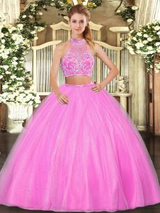 Cute Two Pieces Sweet 16 Quinceanera Dress Hot Pink Halter Top Tulle Sleeveless Floor Length Criss Cross