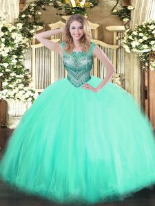 Flirting Scoop Sleeveless Tulle Quinceanera Gowns Beading Lace Up