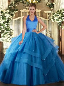 Floor Length Blue Quinceanera Dresses Tulle Sleeveless Ruffled Layers