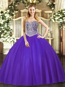 Stylish Floor Length Purple Sweet 16 Dress Tulle Sleeveless Beading