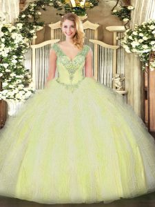 Luxury Yellow Green Sleeveless Beading and Ruffles Floor Length Quince Ball Gowns