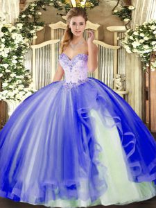 Floor Length Lace Up Quinceanera Gown Blue for Military Ball and Sweet 16 and Quinceanera with Beading and Ruffles
