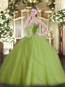 Designer Olive Green Sweet 16 Dress Military Ball and Sweet 16 and Quinceanera with Beading Sweetheart Sleeveless Brush Train Lace Up
