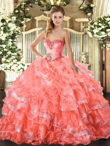 Sleeveless Lace Up Floor Length Beading and Ruffled Layers 15th Birthday Dress