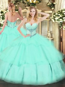 Sweetheart Sleeveless Tulle Ball Gown Prom Dress Beading and Ruffled Layers Lace Up