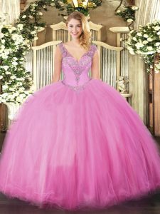 Nice Rose Pink Quince Ball Gowns Military Ball and Sweet 16 and Quinceanera with Beading V-neck Sleeveless Lace Up