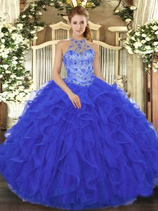 Ball Gowns Quinceanera Gown Royal Blue Halter Top Organza Sleeveless Floor Length Lace Up
