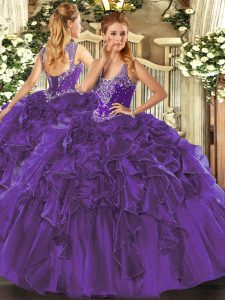 Pretty Floor Length Lace Up Vestidos de Quinceanera Purple for Military Ball and Sweet 16 and Quinceanera with Beading and Ruffles
