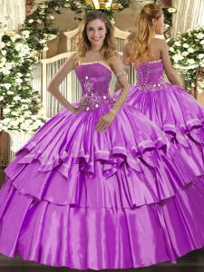 Classical Lilac Organza and Taffeta Lace Up Quinceanera Gowns Sleeveless Floor Length Beading and Ruffled Layers