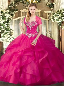 Dynamic Hot Pink Ball Gowns Beading and Ruffles Quinceanera Dress Lace Up Tulle Sleeveless Floor Length