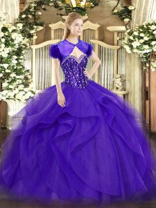 Modern Purple Sleeveless Floor Length Beading and Ruffles Lace Up Quinceanera Gowns