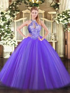 Purple Sweet 16 Dress Military Ball and Sweet 16 and Quinceanera with Sequins Halter Top Sleeveless Lace Up