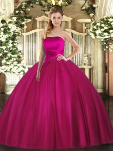 Popular Tulle Strapless Sleeveless Lace Up Ruching Quinceanera Gowns in Fuchsia