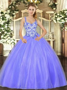 Trendy Organza Straps Sleeveless Lace Up Beading Quinceanera Gowns in Lavender