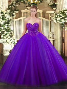 Purple Ball Gowns Sweetheart Sleeveless Tulle Floor Length Lace Up Beading Sweet 16 Dress