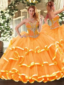 Glorious Orange Ball Gowns Sweetheart Sleeveless Organza Floor Length Lace Up Beading and Ruffled Layers Quince Ball Gowns
