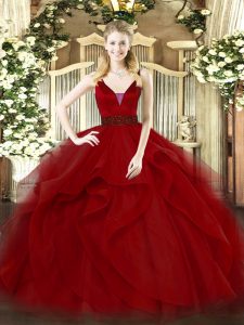 Tulle Sleeveless Floor Length Ball Gown Prom Dress and Beading and Ruffled Layers