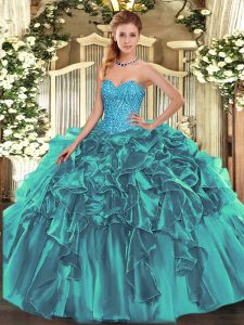 Teal Organza Lace Up Sweetheart Sleeveless Floor Length Quinceanera Gown Beading and Ruffles