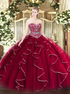 Wine Red Sweetheart Lace Up Beading and Ruffles Sweet 16 Quinceanera Dress Sleeveless