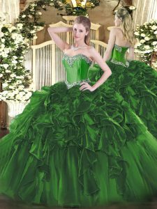 Dark Green Quinceanera Dresses Military Ball and Sweet 16 and Quinceanera with Beading and Ruffles Sweetheart Sleeveless Lace Up