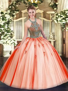 Flirting Ball Gowns 15 Quinceanera Dress Coral Red Halter Top Tulle Sleeveless Floor Length Lace Up