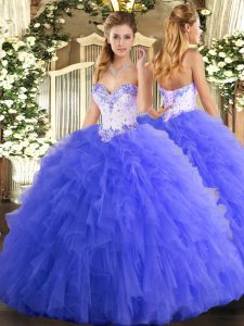 Blue Ball Gowns Beading and Ruffles Sweet 16 Dress Lace Up Tulle Sleeveless Floor Length