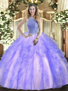 Cute Sleeveless Floor Length Beading and Ruffles Lace Up Sweet 16 Dresses with Lavender