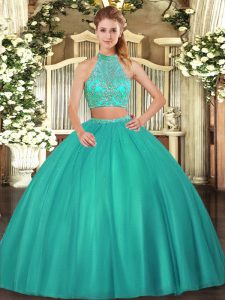 Romantic Sleeveless Floor Length Beading Criss Cross Quinceanera Gowns with Turquoise