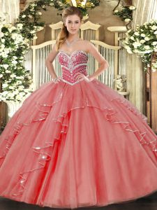 Ideal Coral Red Lace Up Sweetheart Beading and Ruffles Quinceanera Gown Tulle Sleeveless