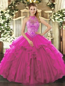 Halter Top Sleeveless Quinceanera Gown Floor Length Beading and Ruffles Fuchsia Organza