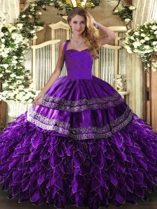 Edgy Purple Organza Lace Up Halter Top Sleeveless Floor Length Quinceanera Gown Embroidery and Ruffles