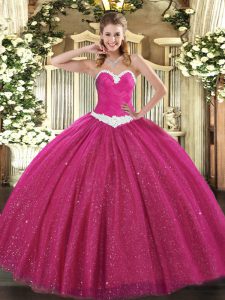 On Sale Hot Pink Tulle Lace Up Sweet 16 Quinceanera Dress Sleeveless Floor Length Appliques