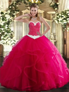 Nice Hot Pink Sleeveless Floor Length Appliques and Ruffles Lace Up Sweet 16 Dress