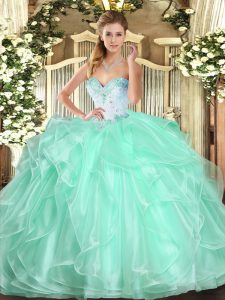 Hot Selling Sleeveless Floor Length Beading and Ruffles Lace Up Quince Ball Gowns with Apple Green