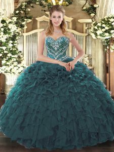 Modest Floor Length Teal 15 Quinceanera Dress Tulle Sleeveless Beading and Ruffled Layers