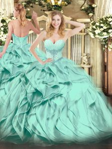 Graceful Turquoise Lace Up Sweetheart Beading and Ruffles 15 Quinceanera Dress Organza Sleeveless