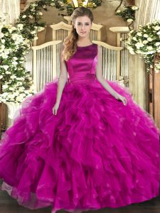Pretty Fuchsia Scoop Lace Up Ruffles Quinceanera Gown Sleeveless