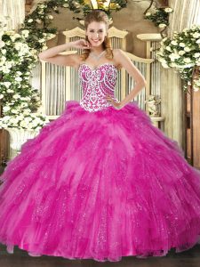 Cute Sweetheart Sleeveless Lace Up 15 Quinceanera Dress Fuchsia Tulle