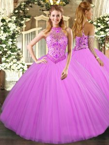 Floor Length Lilac Sweet 16 Quinceanera Dress Tulle Sleeveless Beading and Embroidery