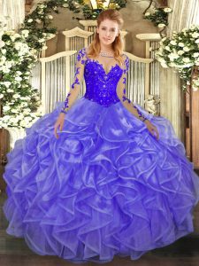 Fitting Lavender Ball Gowns Lace and Ruffles Sweet 16 Quinceanera Dress Lace Up Organza Long Sleeves Floor Length