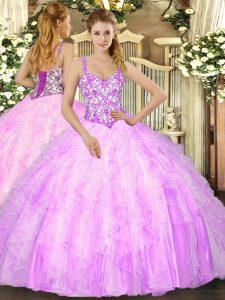 Gorgeous Lilac Mermaid Organza Straps Sleeveless Beading and Ruffles Floor Length Lace Up Sweet 16 Dresses