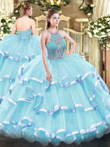 Aqua Blue Sleeveless Tulle Lace Up Quinceanera Gown for Military Ball and Sweet 16 and Quinceanera