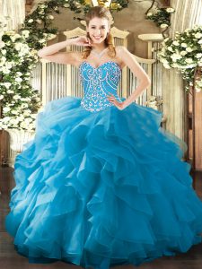 Superior Aqua Blue Organza Lace Up Sweet 16 Quinceanera Dress Sleeveless Floor Length Beading and Ruffles