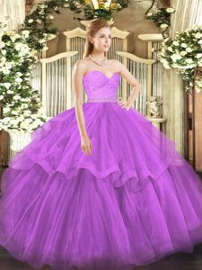 Fuchsia Ball Gowns Sweetheart Sleeveless Tulle Brush Train Zipper Beading and Lace and Ruffled Layers Quinceanera Dress